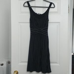 Black and grey pinstripe fit and flare dress.